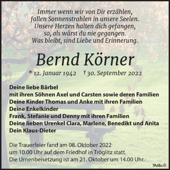 Traueranzeige von Bernd Körner von Super Sonntag Zeitz