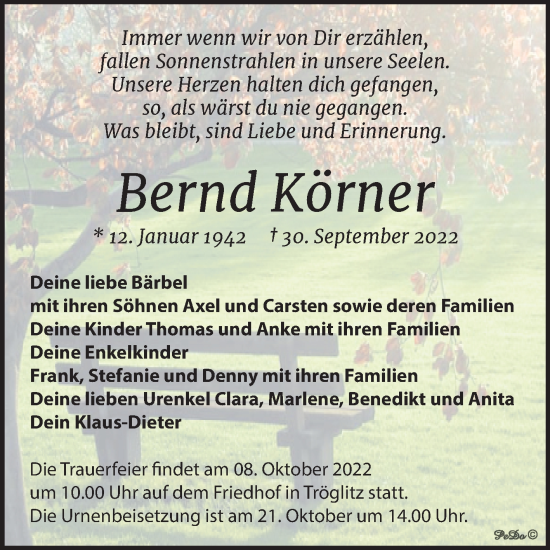 Traueranzeige von Bernd Körner von Mitteldeutsche Zeitung Zeitz