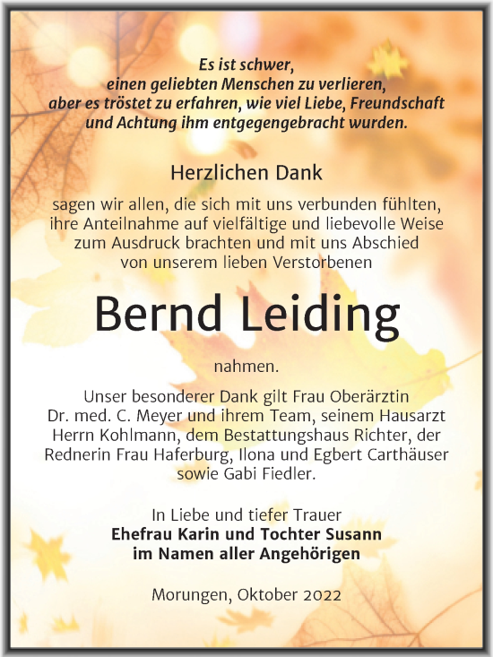 Traueranzeige von Bernd Leiding von Trauerkombi Sangerhausen