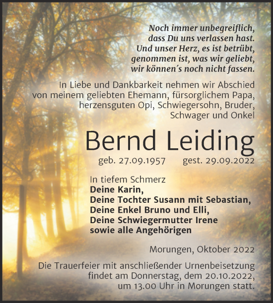 Traueranzeige von Bernd Leiding von Trauerkombi Sangerhausen