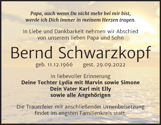 Traueranzeige von Bernd Schwarzkopf von Trauerkombi Wittenberg