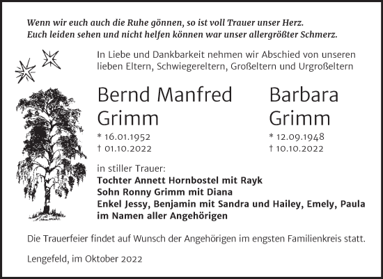 Traueranzeige von Bernd Manfred und Barbara Grimm von Trauerkombi Sangerhausen