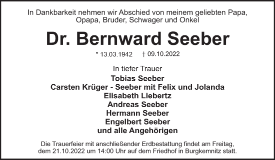 Traueranzeige von Bernward Seeber von Mitteldeutsche Zeitung Bitterfeld