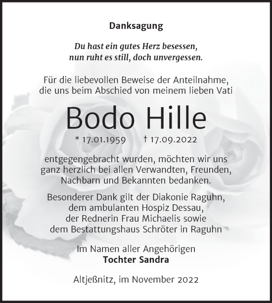 Traueranzeige von Bodo Hille von Trauerkombi Bitterfeld