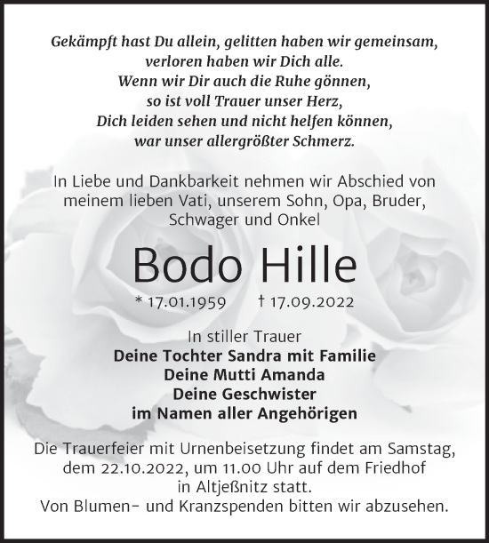 Traueranzeige von Bodo Hille von Trauerkombi Bitterfeld