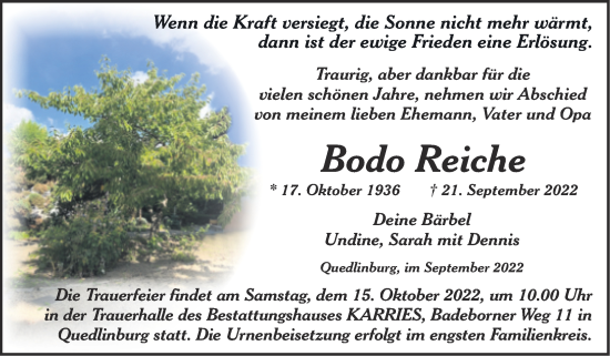 Traueranzeige von Bodo Reiche von Trauerkombi Quedlinburg