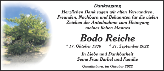 Traueranzeige von Bodo Reiche von Trauerkombi Quedlinburg