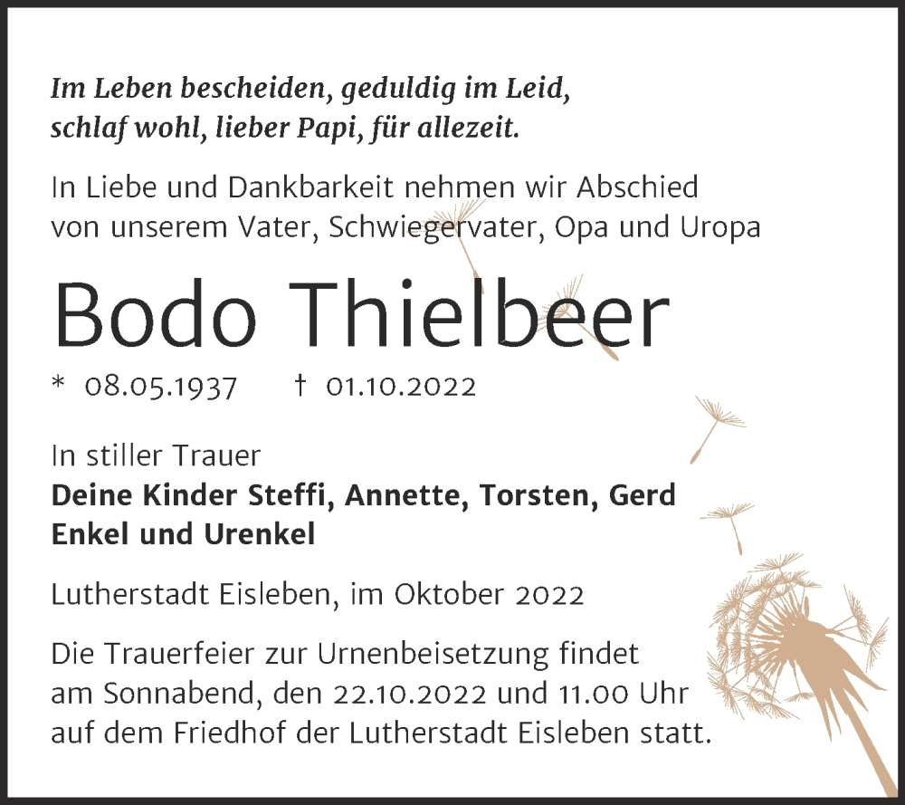  Traueranzeige für Bodo Thielbeer vom 12.10.2022 aus Trauerkombi Mansfelder Land