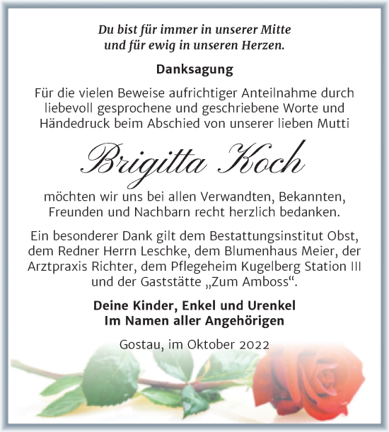 Traueranzeige von Brigitta Koch von Trauerkombi Weißenfels