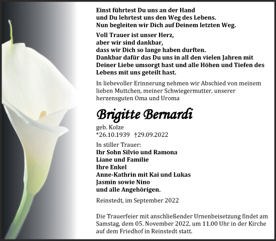 Traueranzeige von Brigitte Bernardi von Trauerkombi Aschersleben
