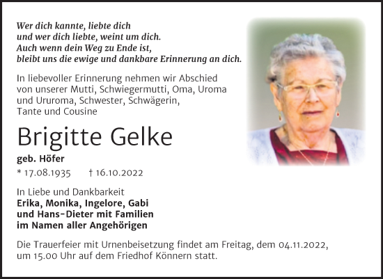 Traueranzeige von Brigitte elke von Trauerkombi Bernburg