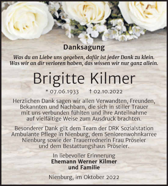 Traueranzeige von Brigitte Kilmer von Trauerkombi Bernburg