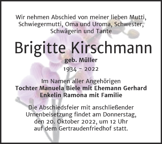 Traueranzeige von Brigitte Kirschmann von Mitteldeutsche Zeitung Halle/Saalkreis