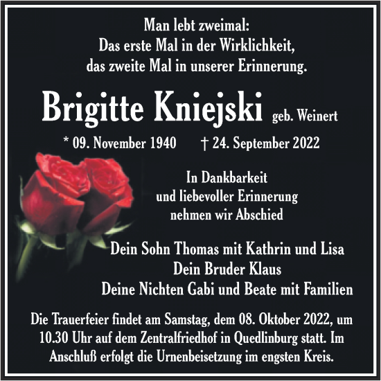 Traueranzeige von Brigitte Kniejski von Trauerkombi Aschersleben