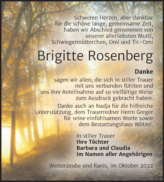 Traueranzeige von Brigitte Rosenberg von Trauerkombi Zeitz