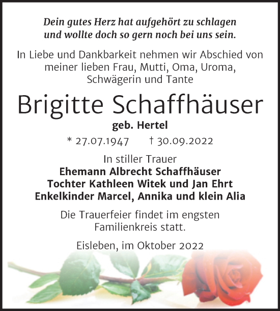 Traueranzeige von Brigitte Schaffhäuser von Trauerkombi Mansfelder Land