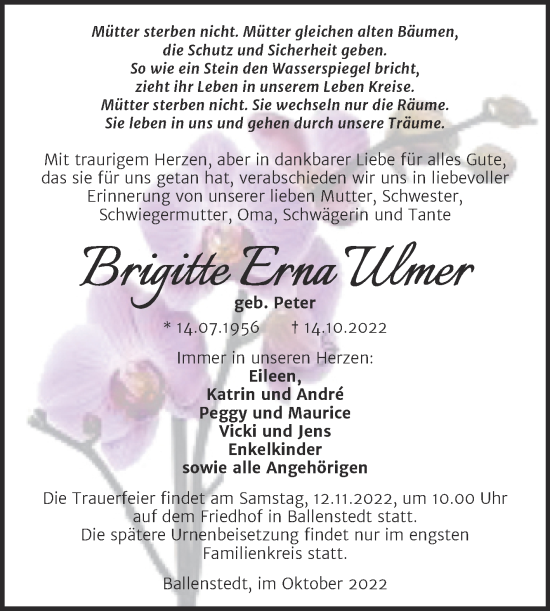 Traueranzeige von Brigitte Erna Ulmer von Trauerkombi Quedlinburg