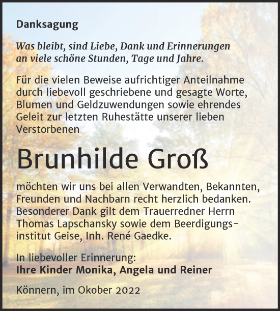 Traueranzeige von Brunhilde Groß von Trauerkombi Bernburg