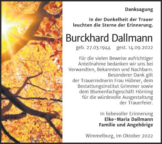 Traueranzeige von Burckhard Dallmann von Trauerkombi Mansfelder Land