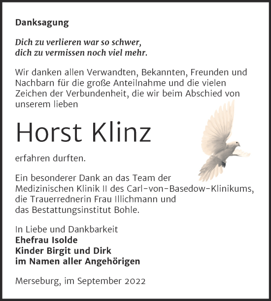 Traueranzeige von Horst Klinz von Trauerkombi Merseburg