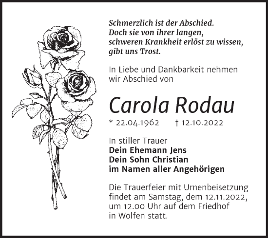 Traueranzeige von Carola Rodau von Trauerkombi Bitterfeld