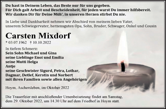 Traueranzeige von Carsten Mixdorf von Trauerkombi Aschersleben
