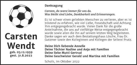 Traueranzeige von Carsten Wendt von Trauerkombi Wittenberg