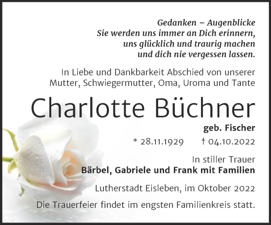 Traueranzeige von Charlotte Büchner von Trauerkombi Mansfelder Land