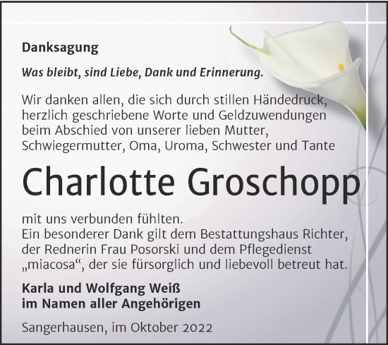 Traueranzeige von Charlotte Groschopp von Trauerkombi Sangerhausen