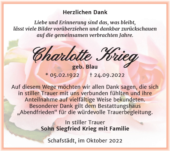 Traueranzeige von Charlotte Krieg von Trauerkombi Merseburg