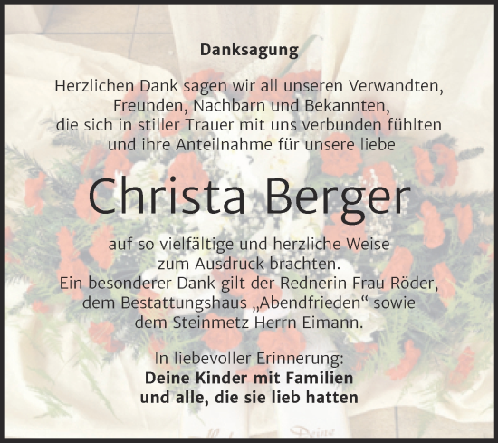 Traueranzeige von Christa Berger von Trauerkombi Merseburg