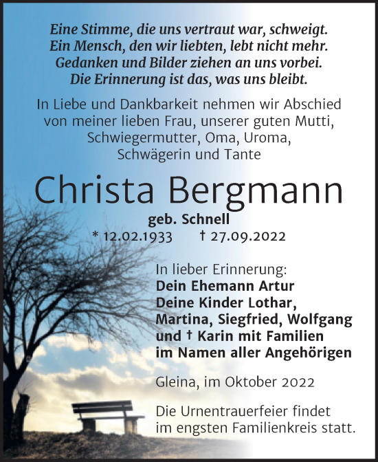Traueranzeige von Christa Bergmann von Wochenspiegel Naumburg/Nebra