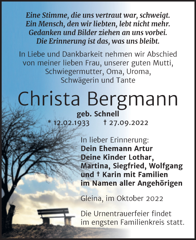  Traueranzeige für Christa Bergmann vom 05.10.2022 aus Wochenspiegel Naumburg/Nebra