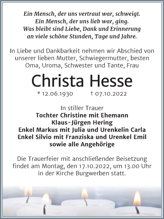 Traueranzeige von Christa Hesse von Mitteldeutsche Zeitung Weißenfels