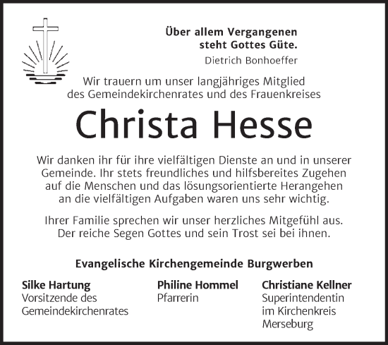Traueranzeige von Christa Hesse von Super Sonntag Weißenfels