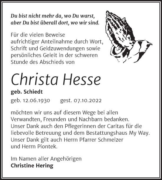 Traueranzeige von Christa Hesse von Trauerkombi Weißenfels
