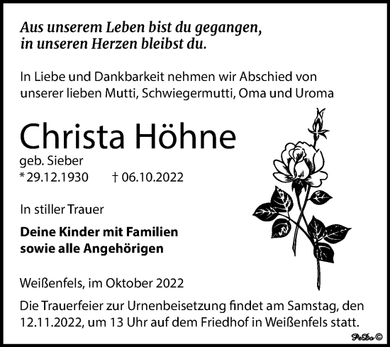Traueranzeige von Christa Höhne von Trauerkombi Weißenfels