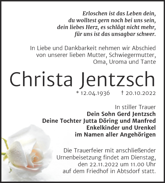 Traueranzeige von Christa Jentzsch von Trauerkombi Wittenberg