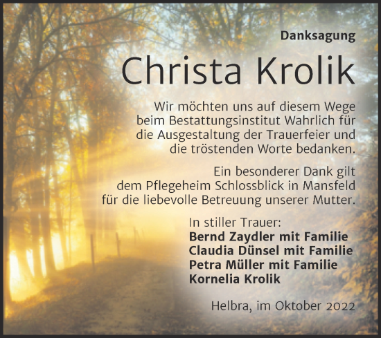 Traueranzeige von Christa Krolik von Trauerkombi Mansfelder Land