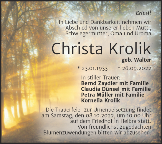Traueranzeige von Christa Krolik von Trauerkombi Mansfelder Land