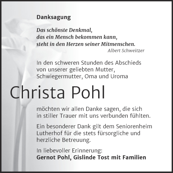 Traueranzeige von Christa Pohl von Trauerkombi Mansfelder Land