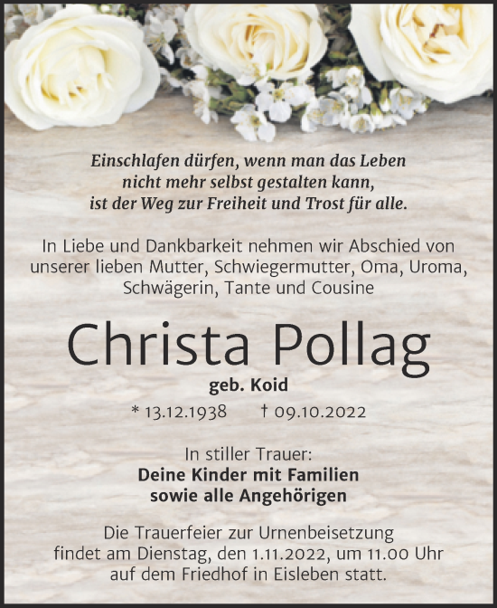 Traueranzeige von Christa Pollag von Trauerkombi Mansfelder Land
