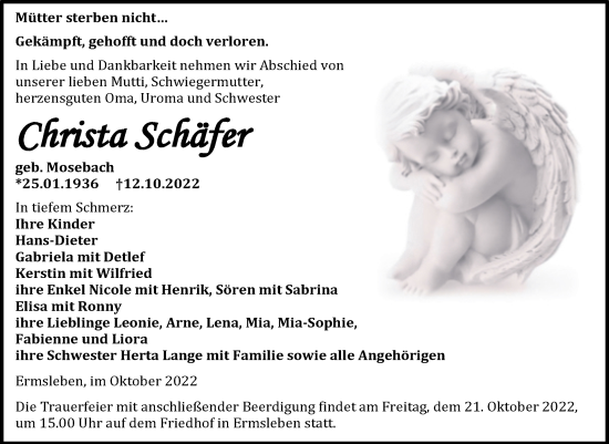 Traueranzeige von Christa Schäfer von Trauerkombi Quedlinburg
