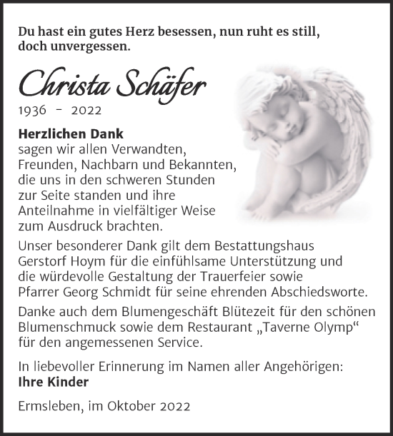 Traueranzeige von Christa Schäfer von Trauerkombi Quedlinburg