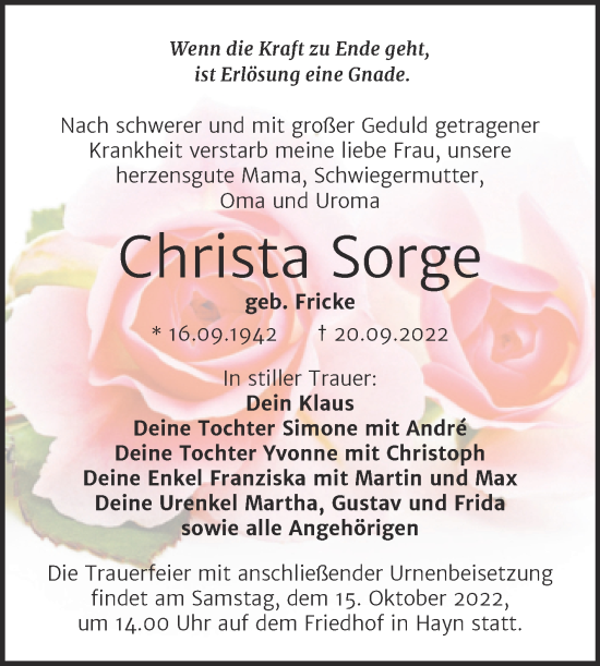 Traueranzeige von Christa Sorge von Trauerkombi Sangerhausen