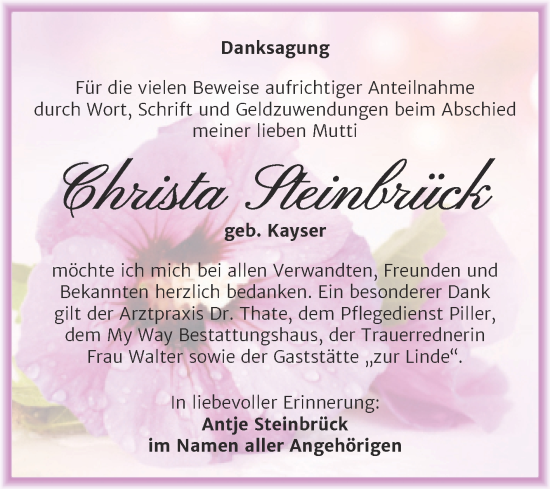 Traueranzeige von Christa Steinbrück von Trauerkombi Weißenfels