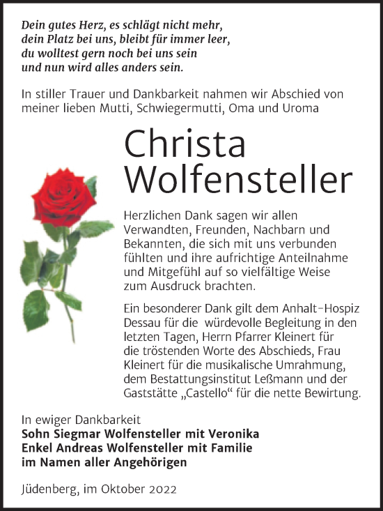 Traueranzeige von Christa Wolfensteller von Trauerkombi Wittenberg
