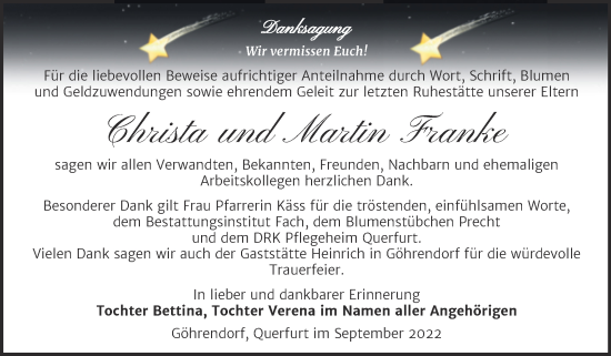 Traueranzeige von Christa und Martin Franke von Trauerkombi Merseburg