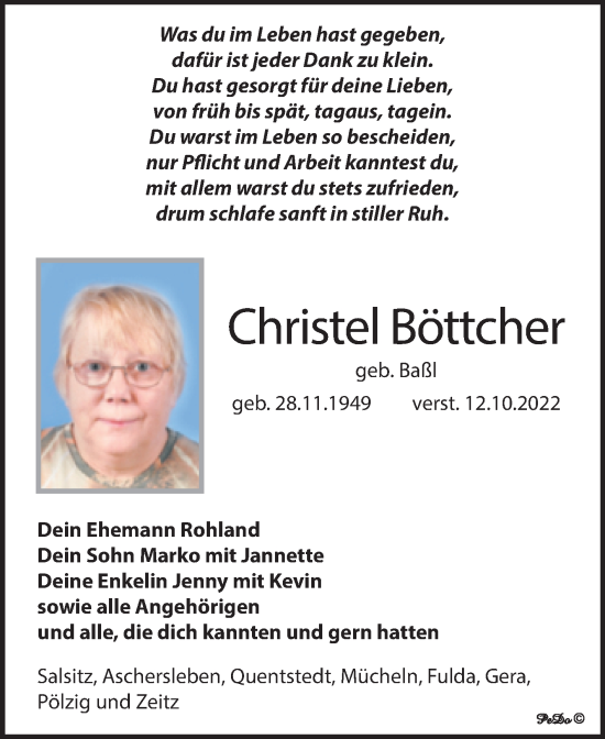 Traueranzeige von Christel Böttcher von Trauerkombi Zeitz