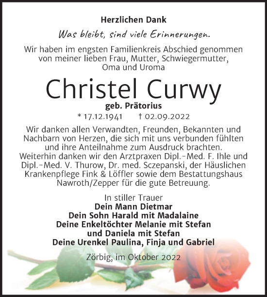 Traueranzeige von Christel Curwy von Trauerkombi Bitterfeld